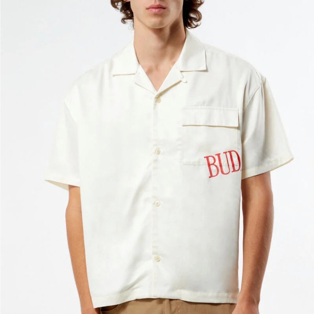 Pacsun Cream Short Sleeve Button up Budweiser men shirt.